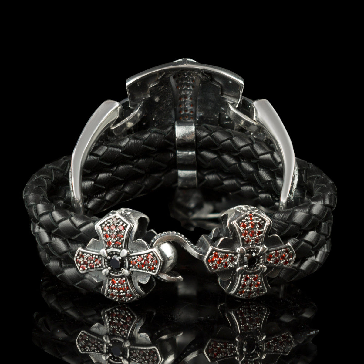 Queen of the Crusaders black leather bracelet laid open showing both clasp ends