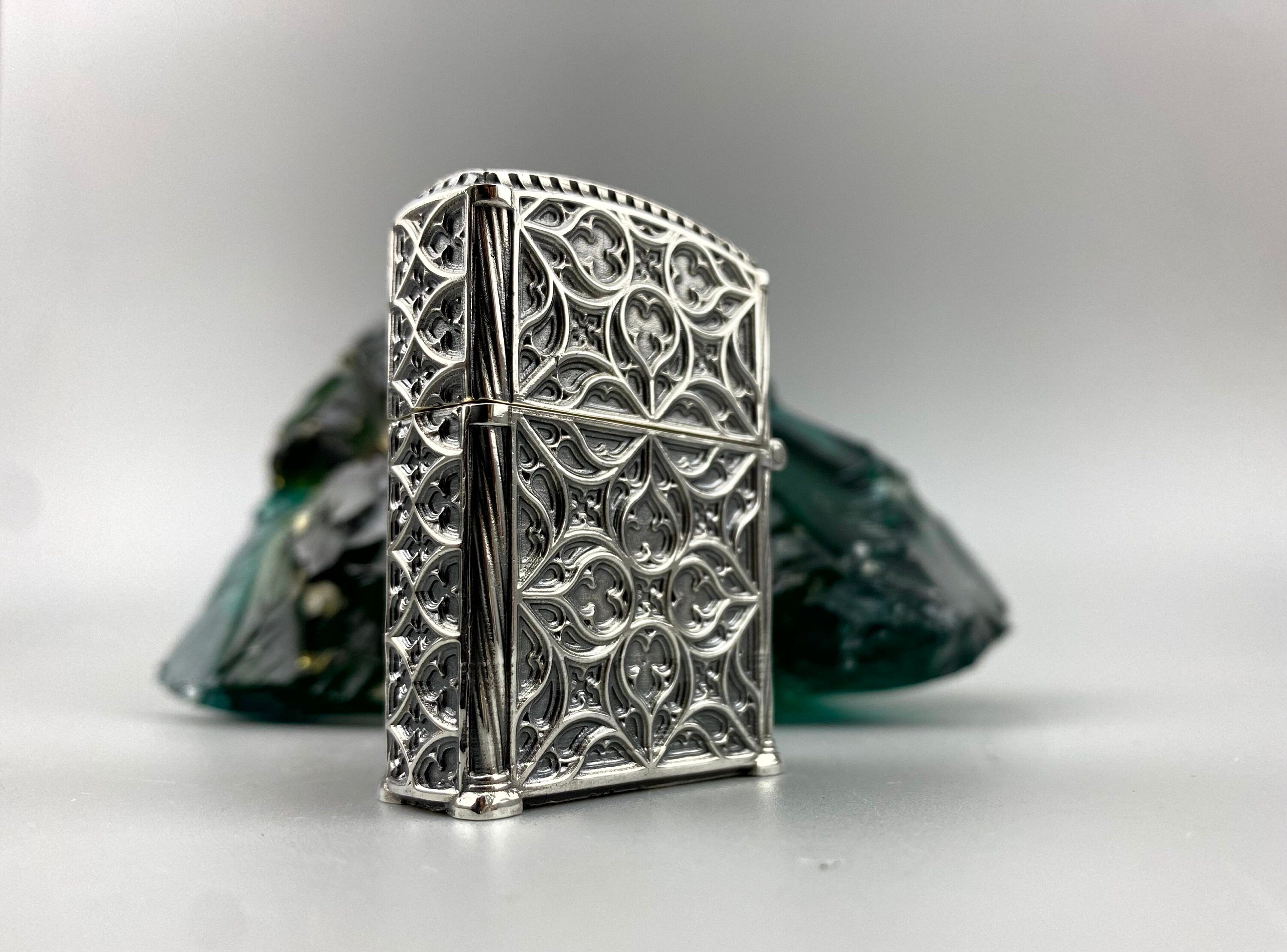 Relic gothic heavy sterling silver lighter case with cathedral tracery