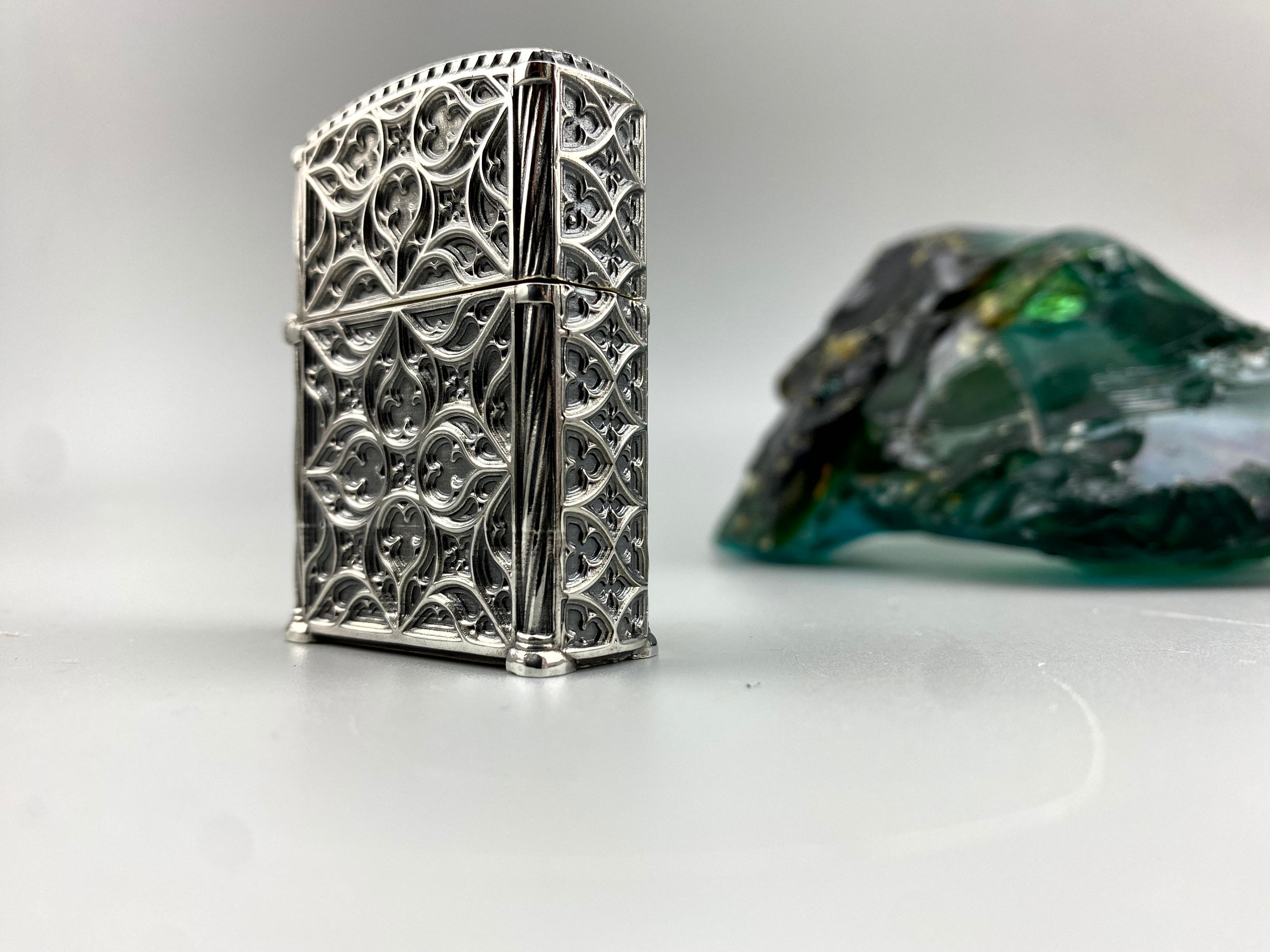 Relic lighter case front view in oxidized 925 silver