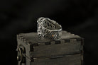Rider bearded skull ring in 925 silver, angled close-up