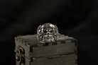 Rider skull ring front view, bearded skull and goggles in oxidized silver