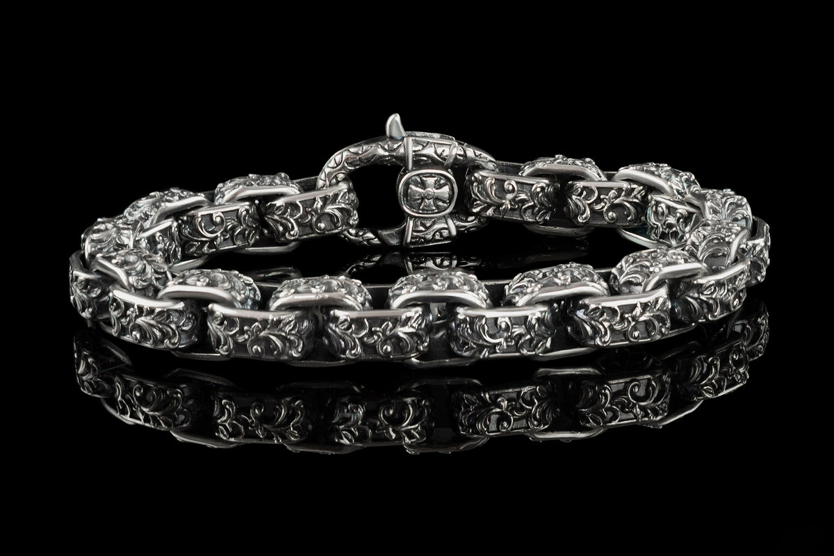 Rory heavy sterling silver biker bracelet for men with ornate box links and cross clasp