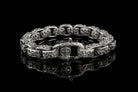 Rory silver box link bracelet showing the cross emblem lobster clasp, front view