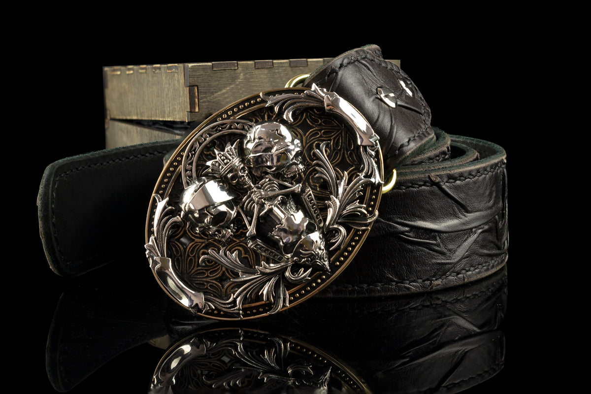 See No Evil biker belt buckle detail of the skull relief
