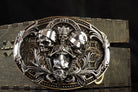 Heavy skull belt buckle, angled view of the oval frame