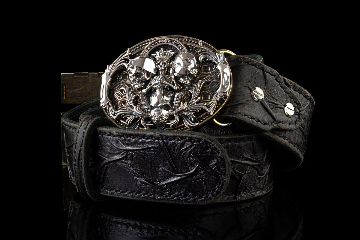 See No Evil skull buckle on a black leather belt