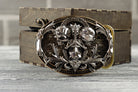 See No Evil skull belt buckle in sterling silver and brass, front view