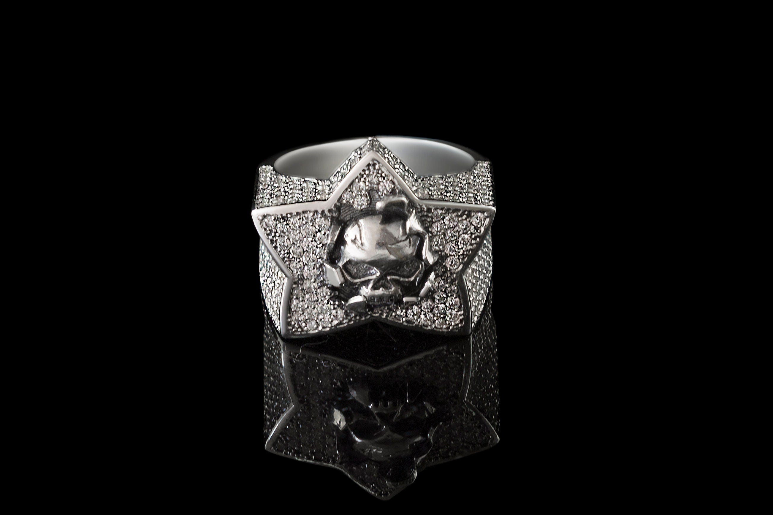 Sky's The Limit star skull ring with clear pave CZ, front view