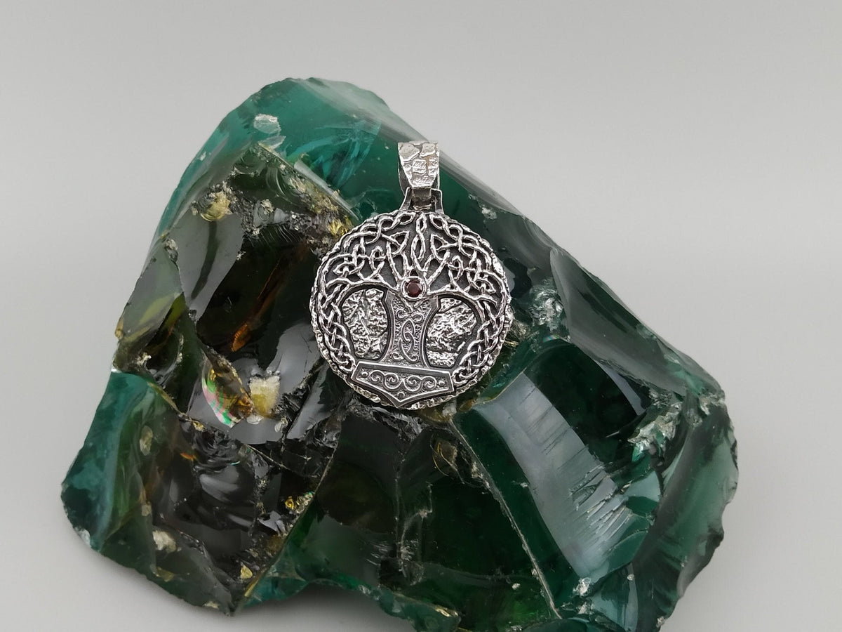 Yggdrasil Mjolnir sterling silver Viking pendant, round Tree of Life with knotwork