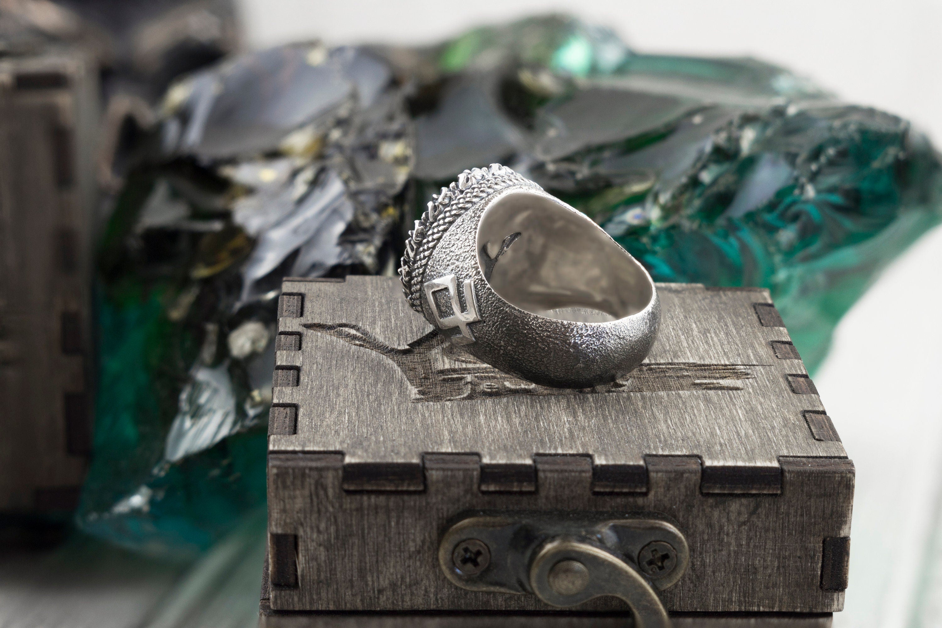 Yggdrasil Viking ring lying on its side, inside of the heavy band