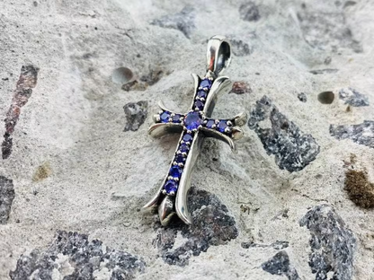Gothic silver cross Double side cross Gemstones cross pendant Gothic jewelry