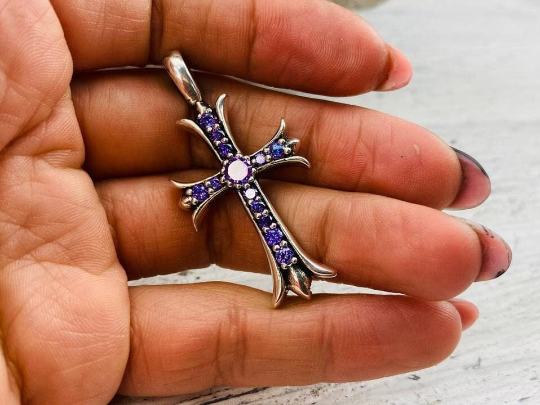 Gothic silver cross Double side cross Gemstones cross pendant Gothic jewelry