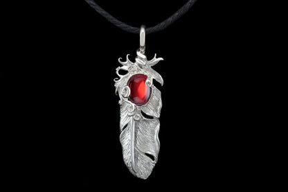 Feather pendant  Red cabochon Silver pendant for her