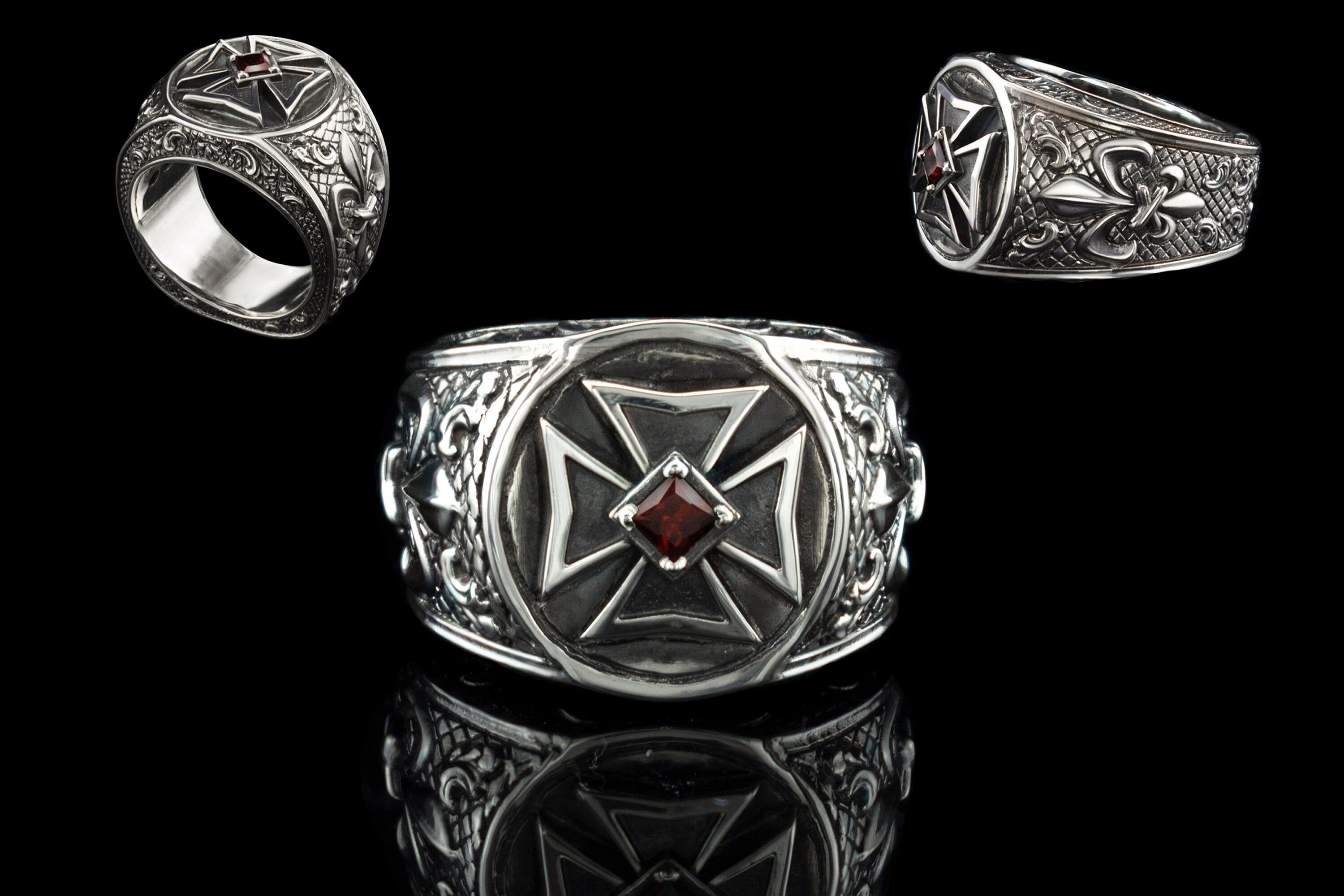 Silver garnet men ring 16 size Biker jewelry Maltese cross Signet ring Sterling silver Garnet ring Biker ring Iron cross