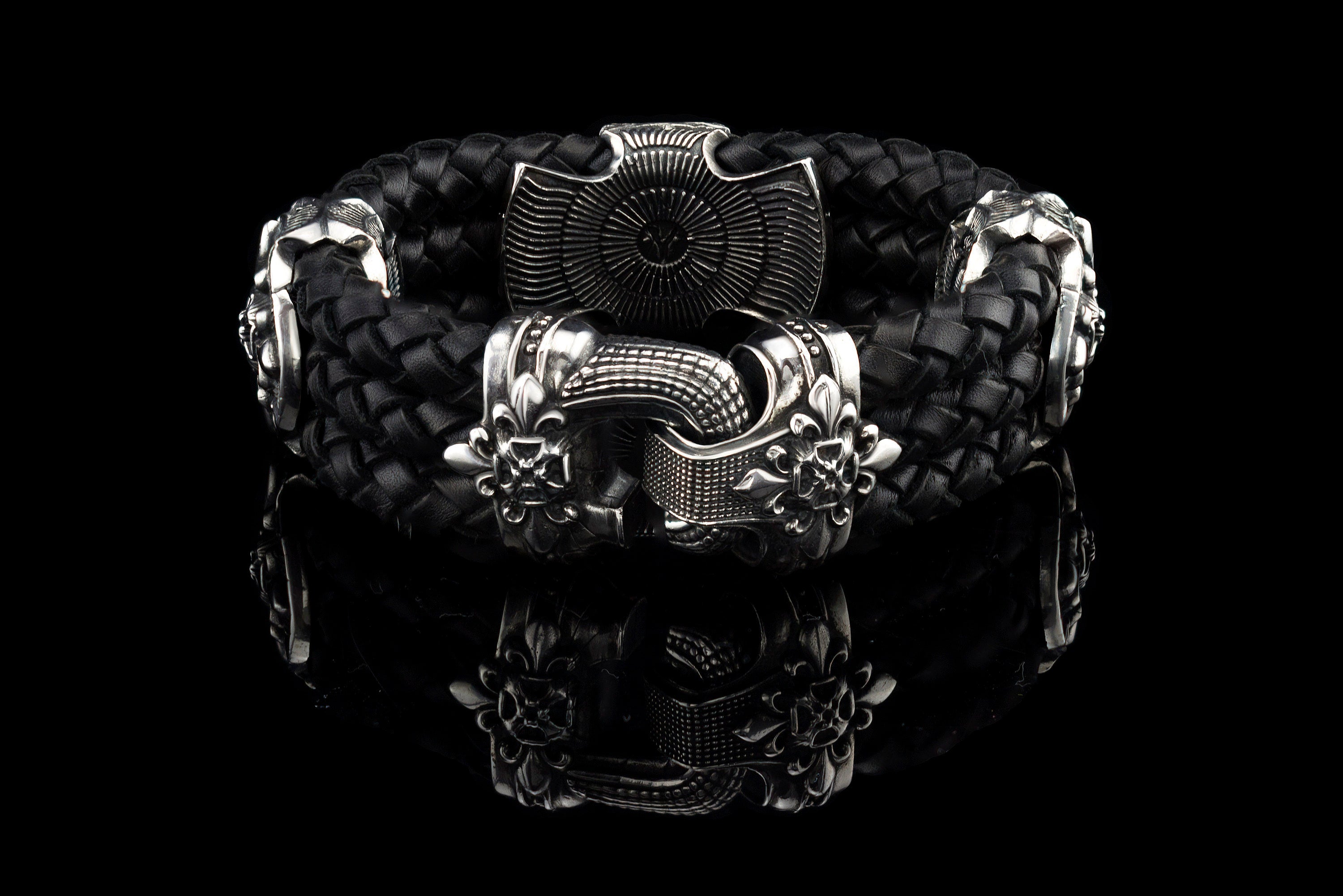 Silver skull bracelet  Men's jewelry Heavy bracelet for men Leather bracelet  Skull jewelry