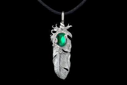 Feather pendant Silver pendant Red cabochon pendant Silver charm