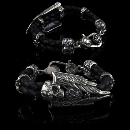Skull bracelet Silver men's bracelet Leather bracelet Men's leather Skull leather bracelet Bikers jewelry Sterling silver jewelry Blade