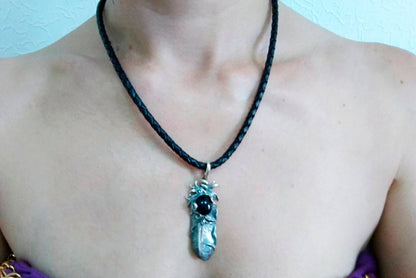 Feather pendant Silver pendant Red cabochon pendant Silver charm