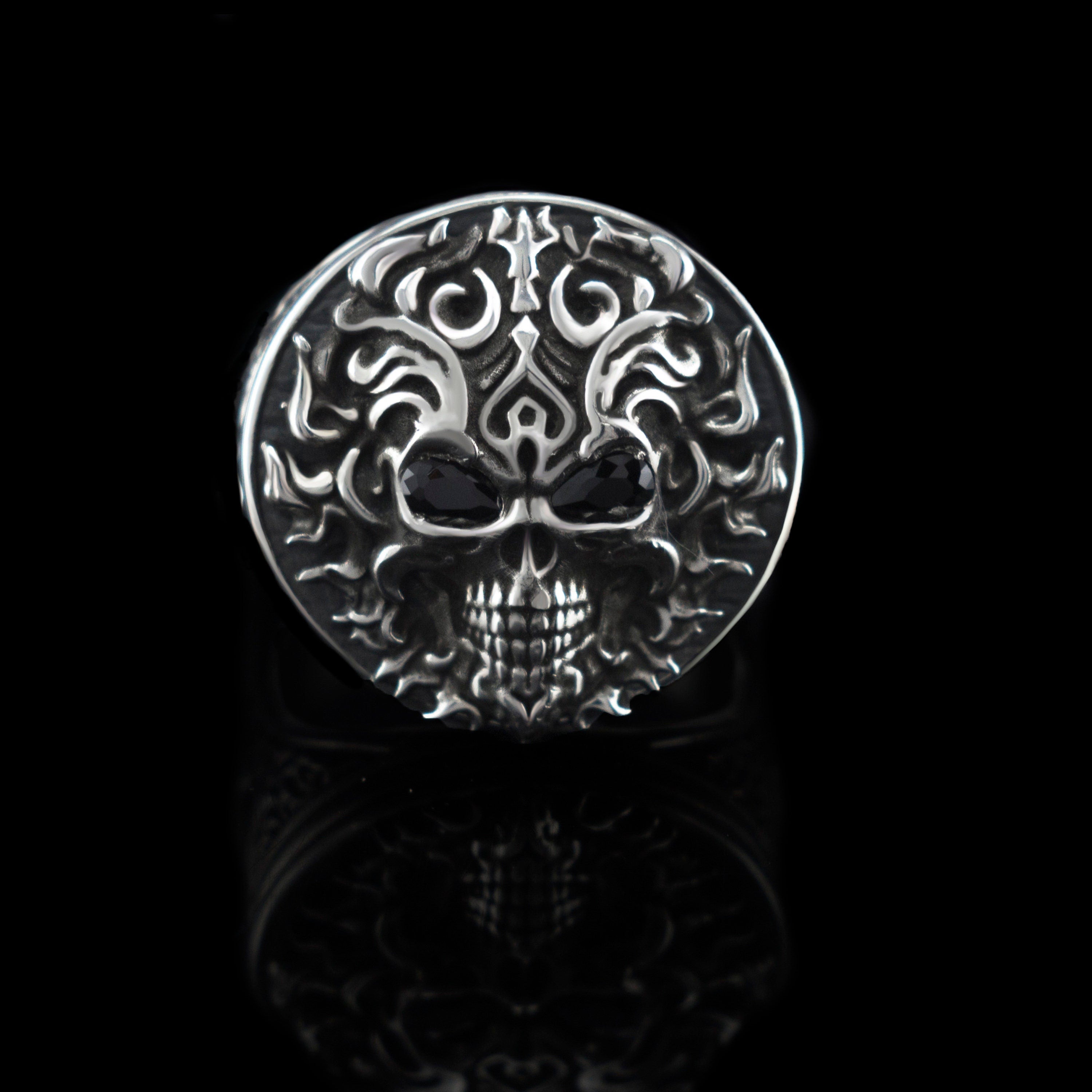 Silver skull ring Biker ring with skull Piston Motorcycle jewelry