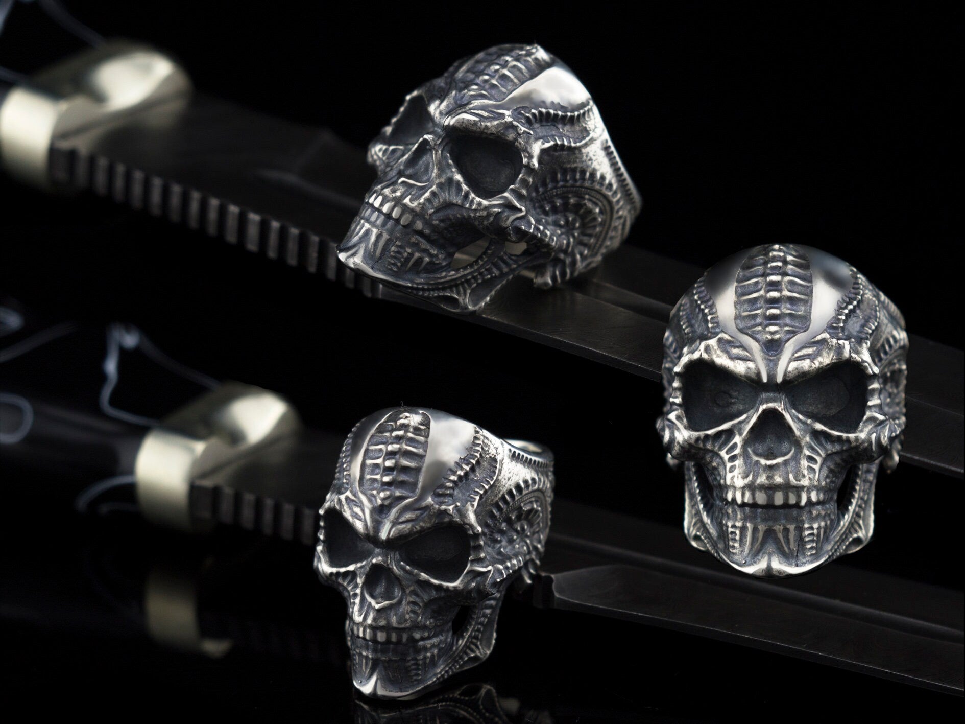 Silver skull ring Biker jewelry  Biomechanical skull ring Silver gift for biker Brutalist jewelry