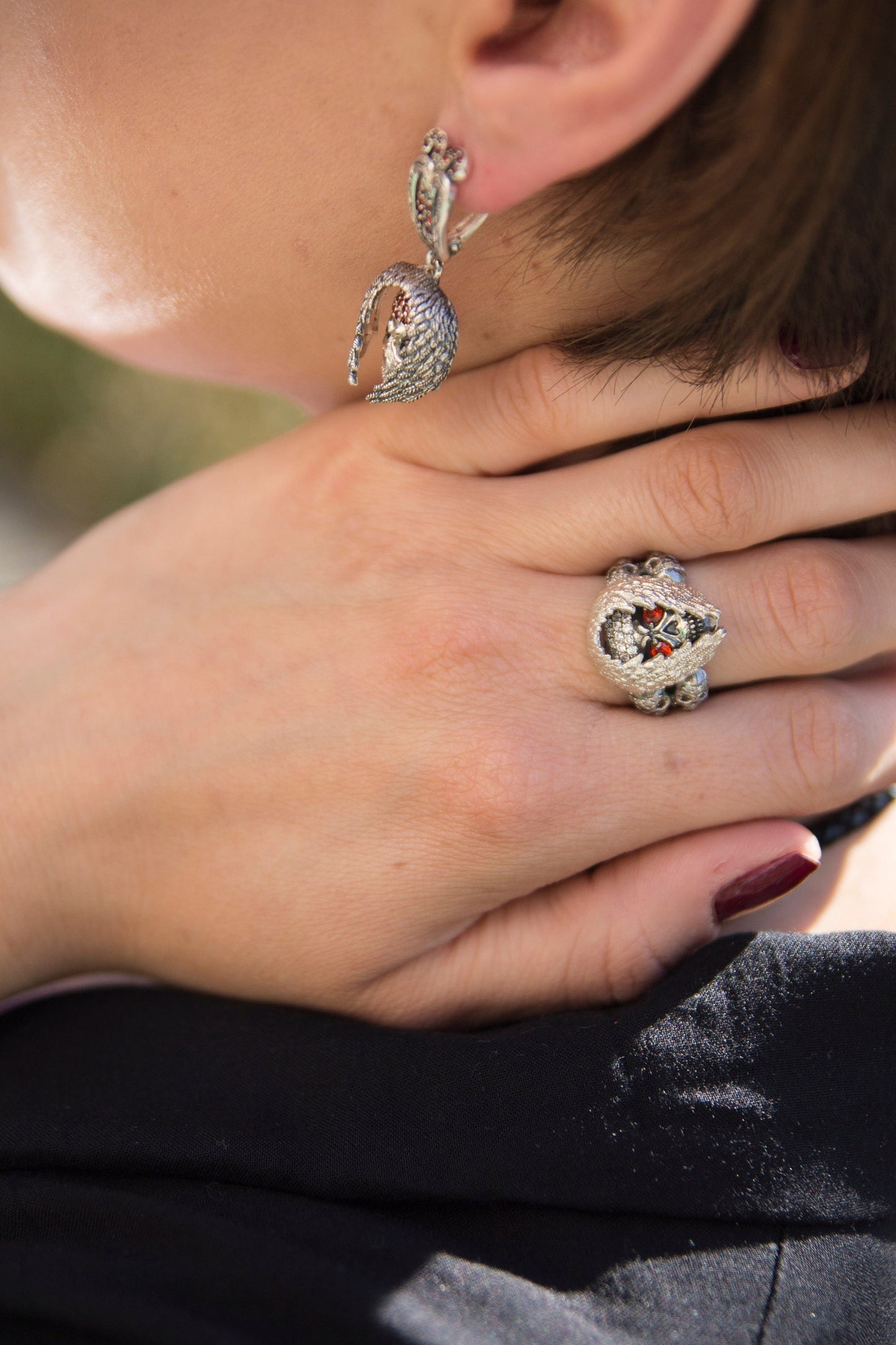 Silver skull ring Women brutal jewelry Adjustable Garnet gemstones  Sugar skull Biker jewelry