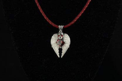 Sillver skull pendant skull jewelry red gemstone heart  Gothic