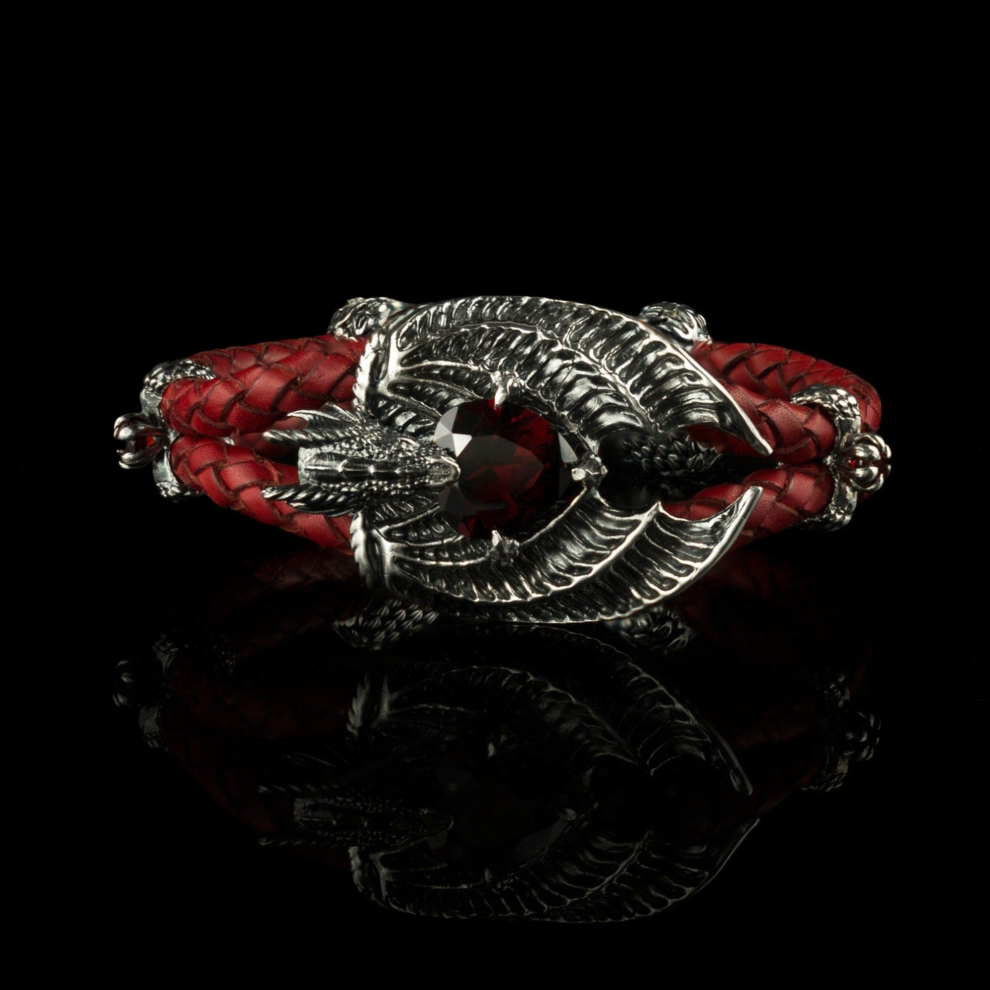 Dragon bracelet with gemstones and red leather