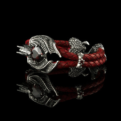 Dragon bracelet with gemstones and red leather
