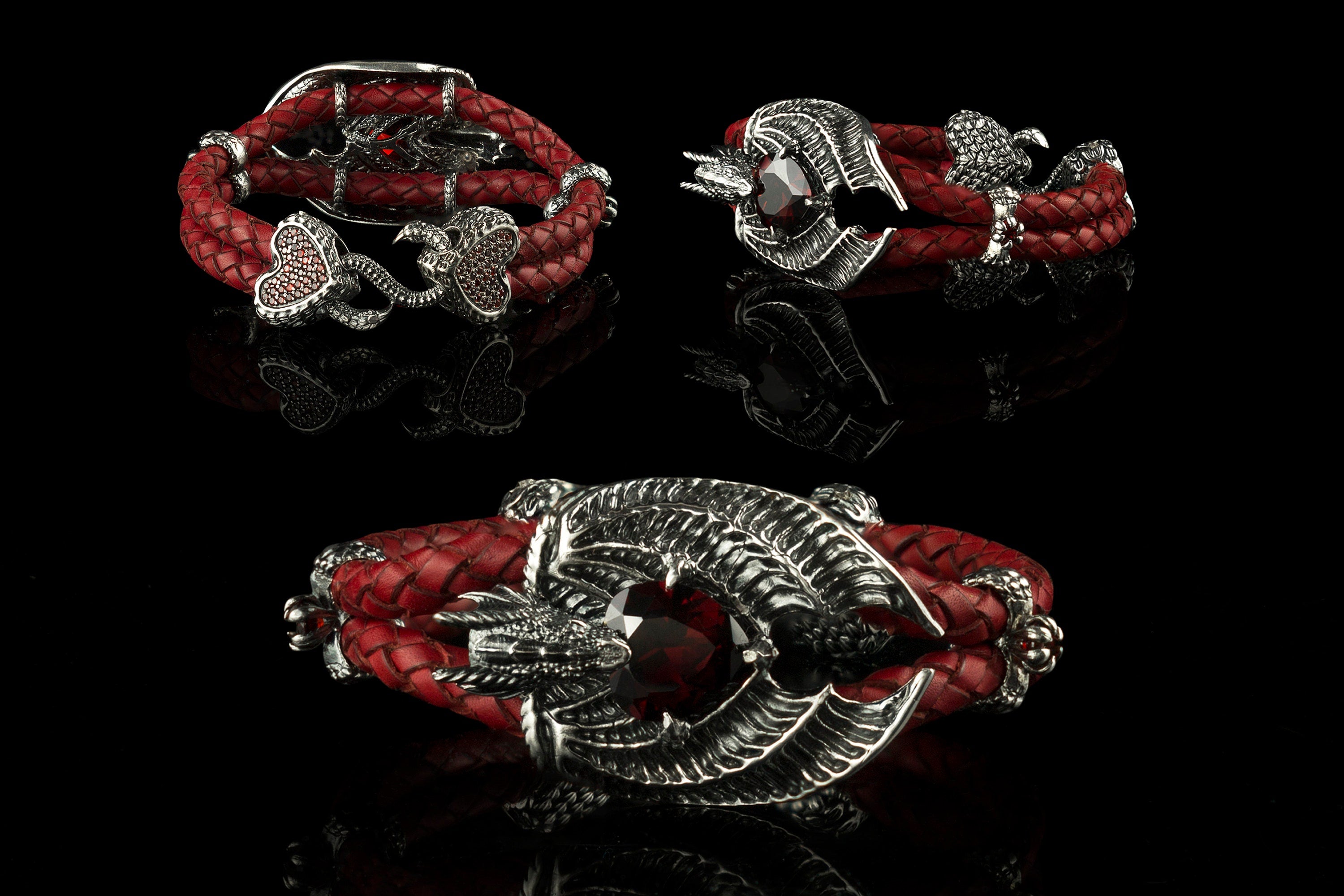 Dragon bracelet with gemstones and red leather