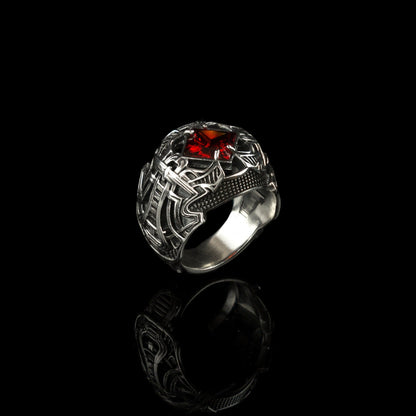 Garnet brutal men ring 13 Size Sterling silver Heavy jewelry Biker ring Mens Medieval