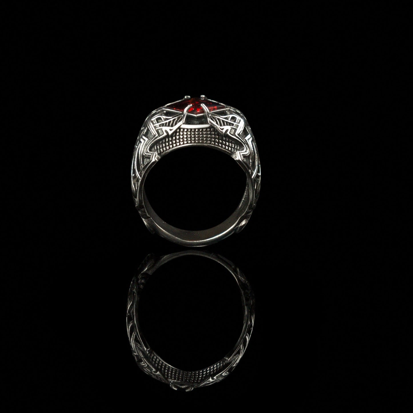 Garnet brutal men ring 13 Size Sterling silver Heavy jewelry Biker ring Mens Medieval