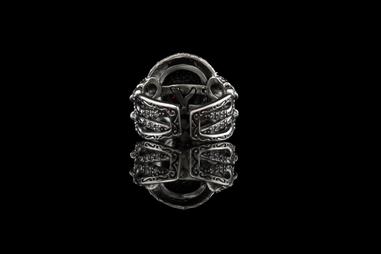 Silver skull ring Women brutal jewelry Adjustable Garnet gemstones  Sugar skull Biker jewelry
