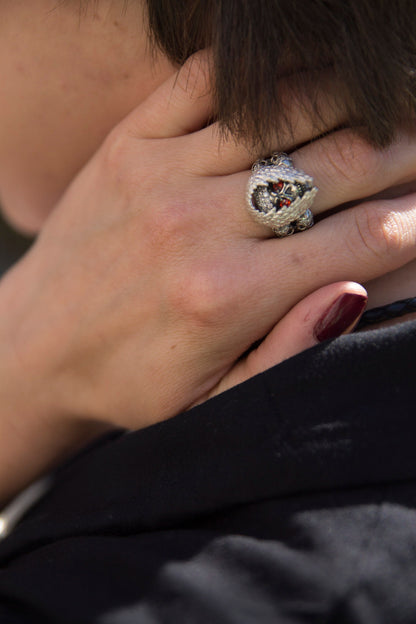 Silver skull ring Women brutal jewelry Adjustable Garnet gemstones  Sugar skull Biker jewelry