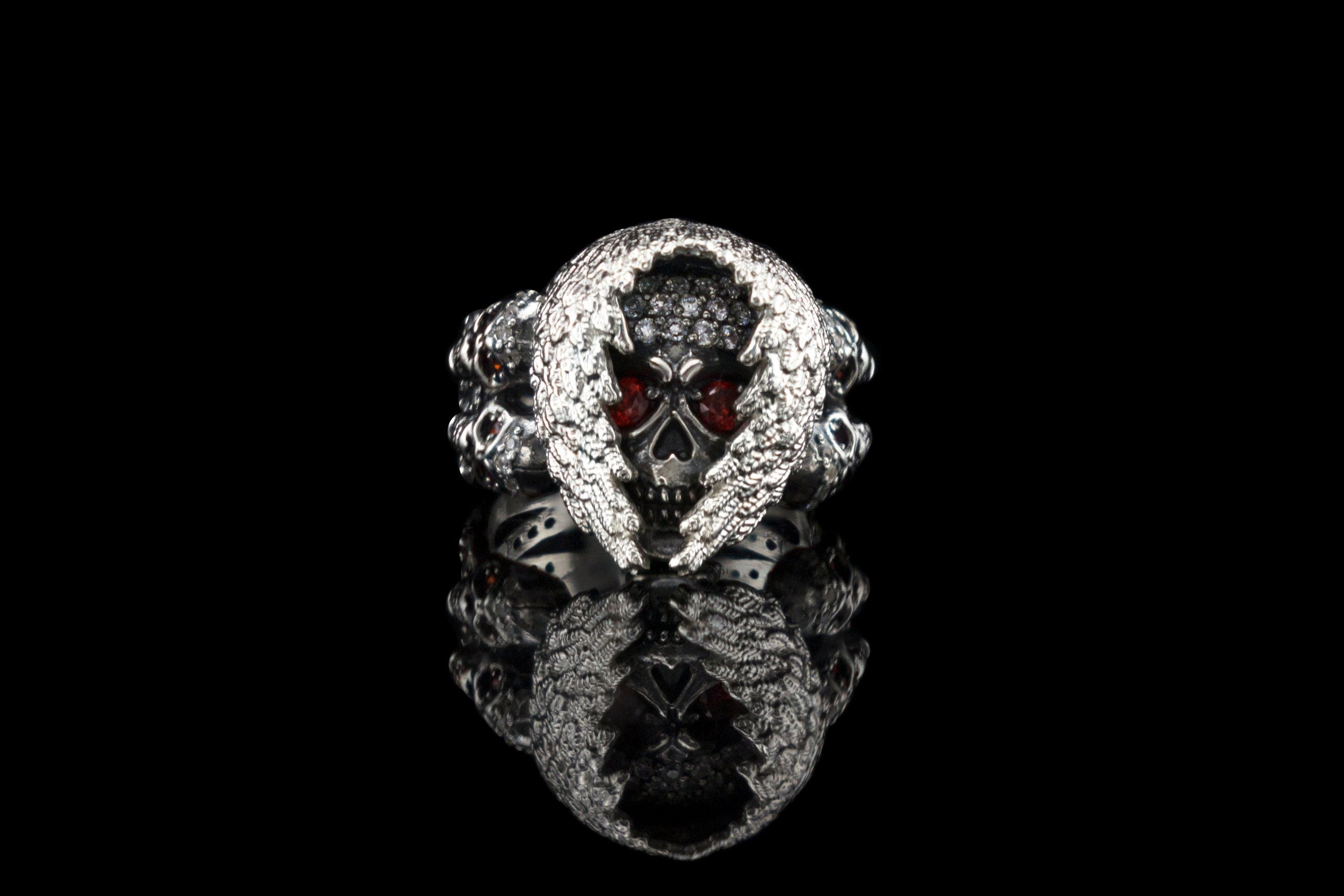 Silver skull ring Women brutal jewelry Adjustable Garnet gemstones  Sugar skull Biker jewelry