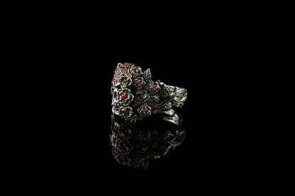 Women's skull ring Adjustable ring Skull with rose Red gemstones Garnet