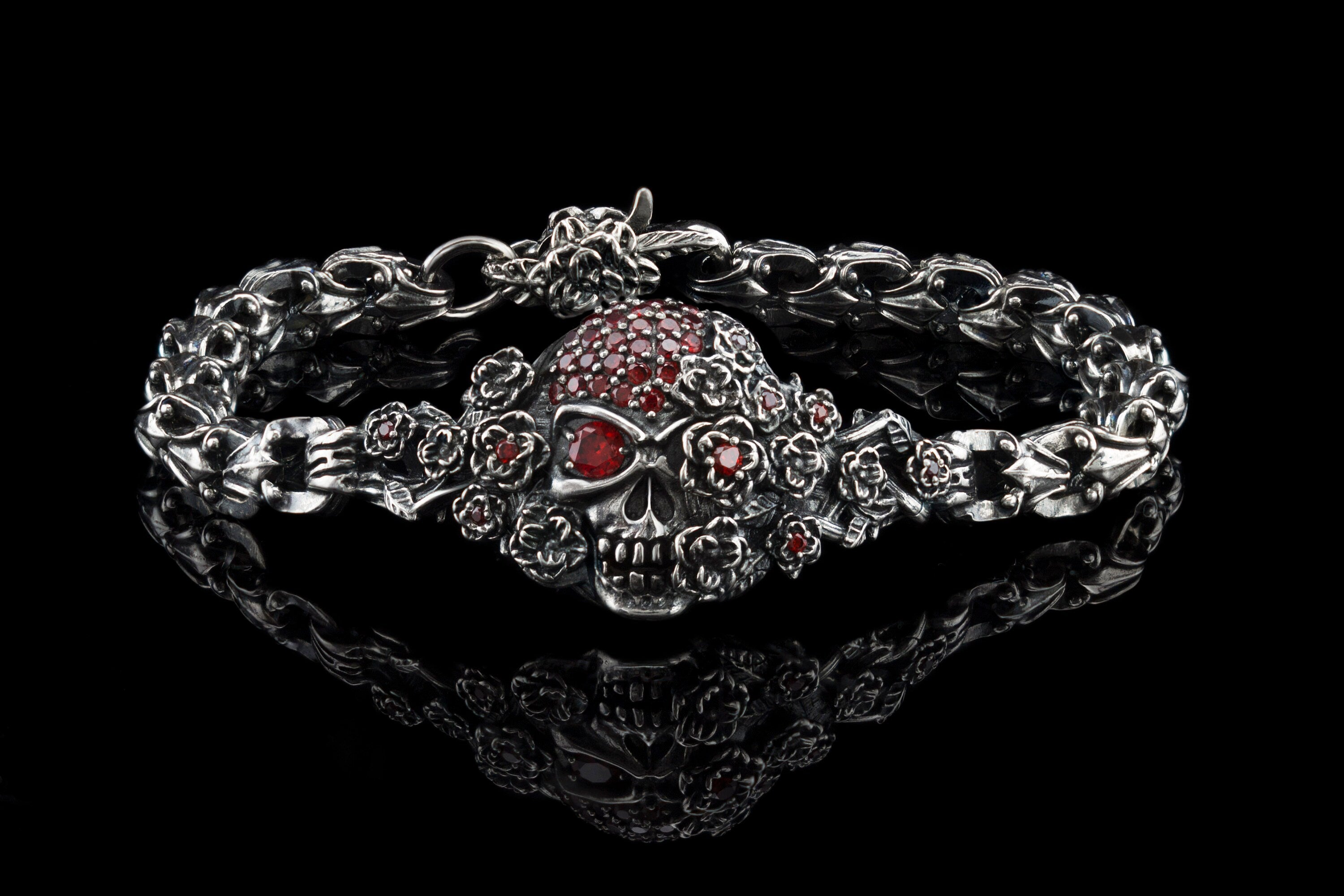 Women's skull bracelet  Gothic women's bracelet Silver skull jewelry  Garnet Brutalist bracelet