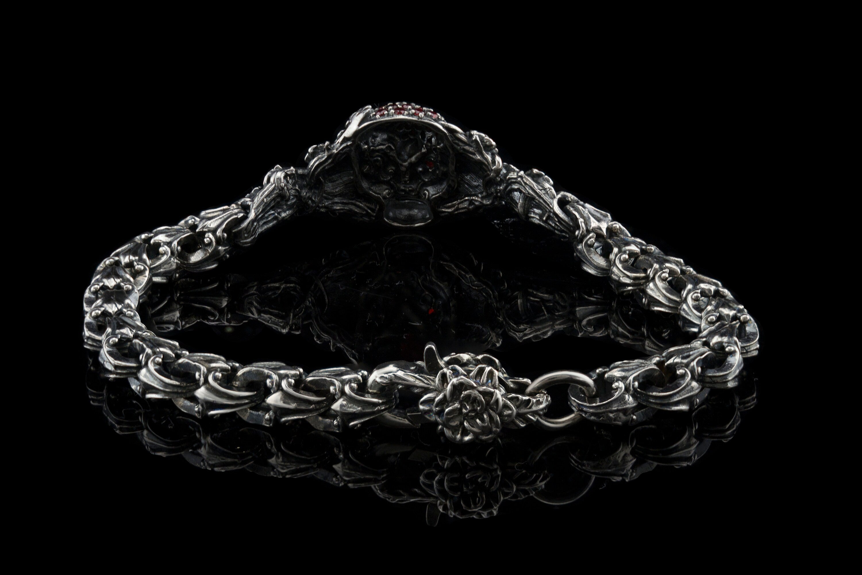 Women's skull bracelet  Gothic women's bracelet Silver skull jewelry  Garnet Brutalist bracelet