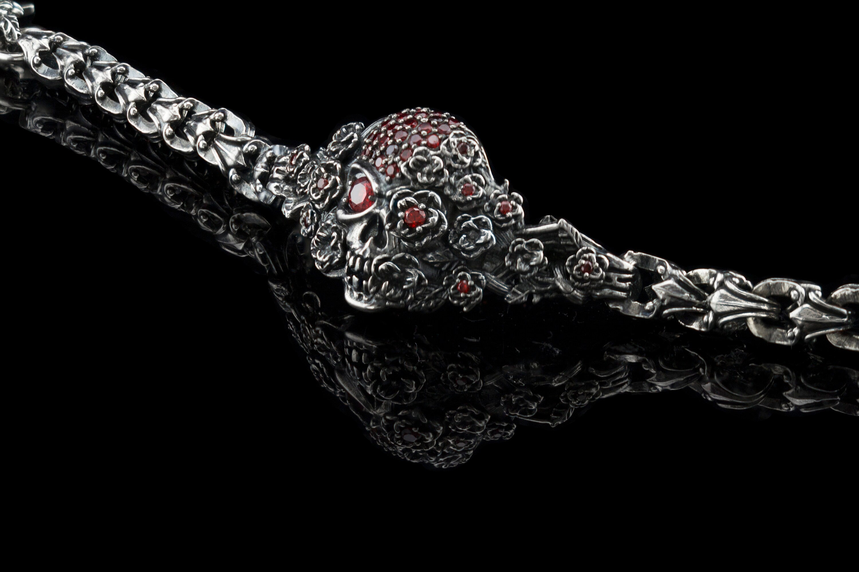 Women's skull bracelet  Gothic women's bracelet Silver skull jewelry  Garnet Brutalist bracelet