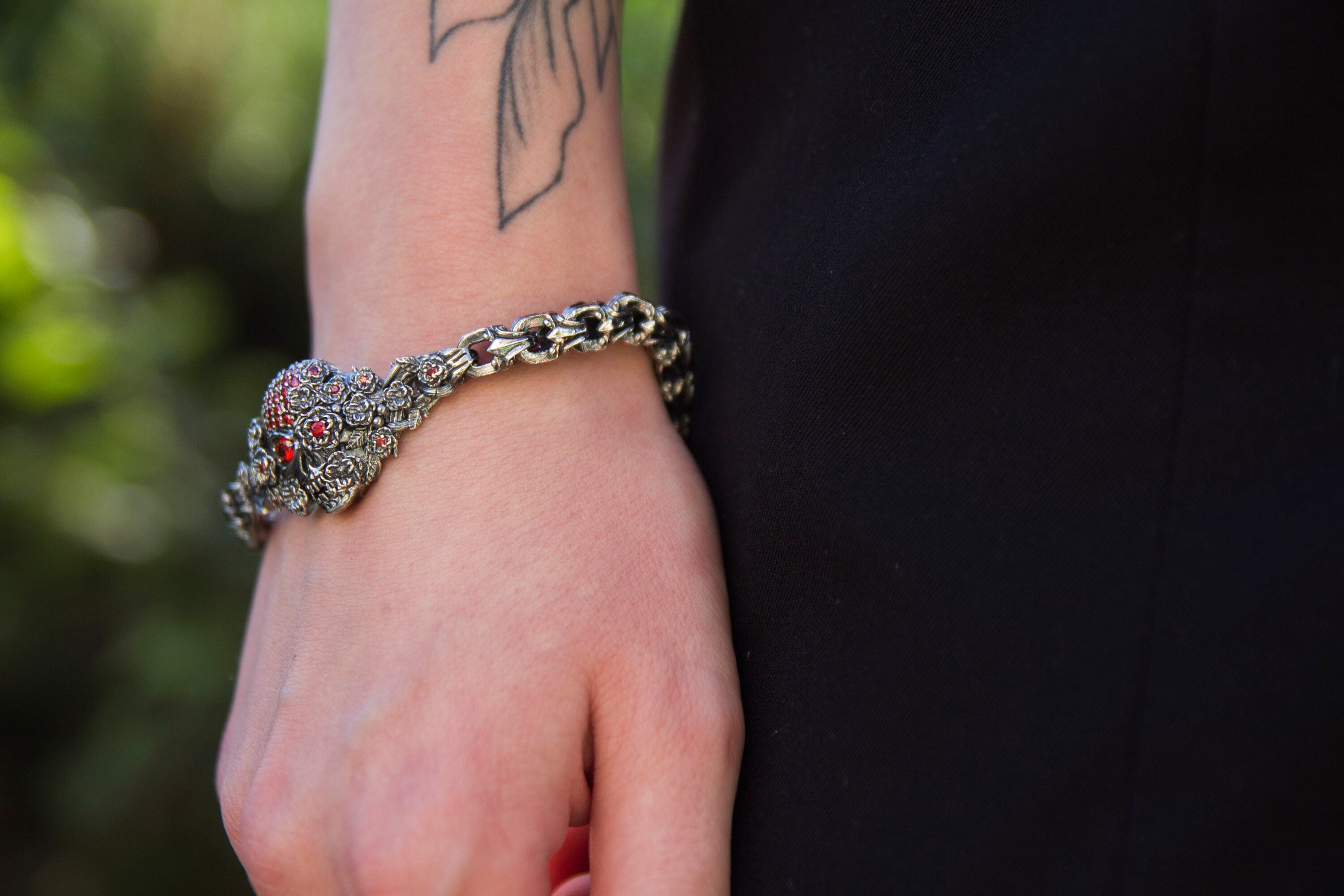 Women's skull bracelet  Gothic women's bracelet Silver skull jewelry  Garnet Brutalist bracelet