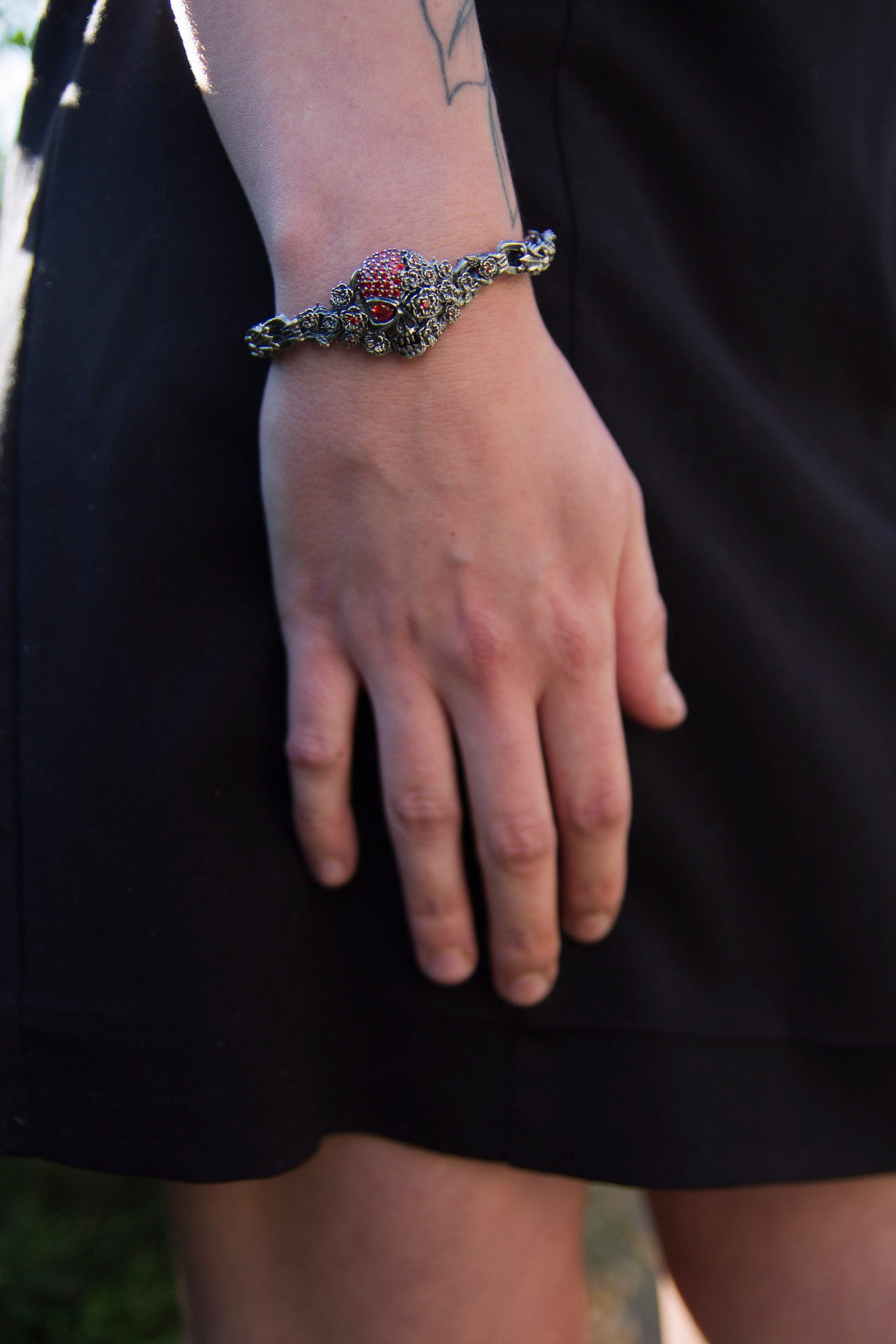 Women's skull bracelet  Gothic women's bracelet Silver skull jewelry  Garnet Brutalist bracelet