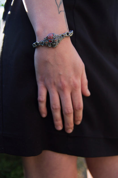 Women's skull bracelet  Gothic women's bracelet Silver skull jewelry  Garnet Brutalist bracelet