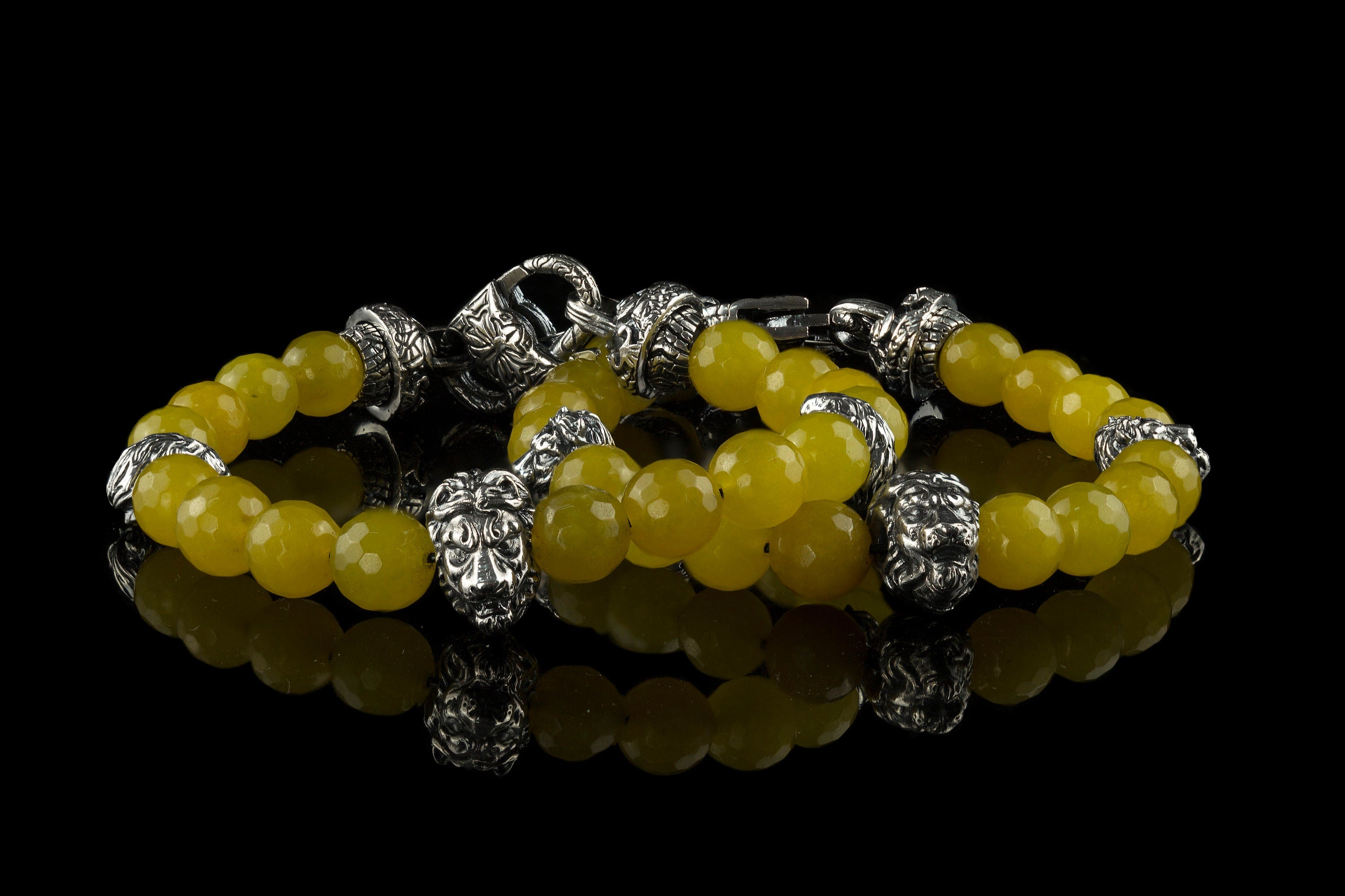 Lion bracelet Silver beaded bracelet with silver Yellow agate