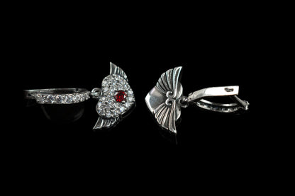 Heart earrings Red gemstones heart earrings flying heart Lovely silver earrings gift for her