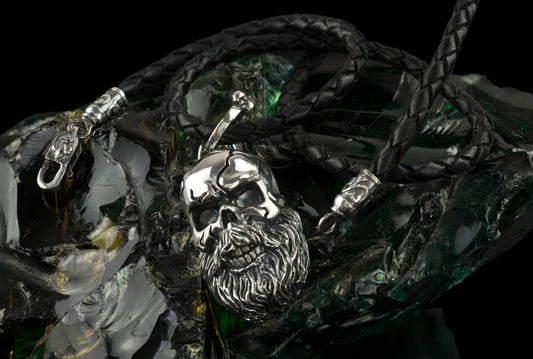 Silver skull pendant Biker jewelry Bearded skull Brutalist style