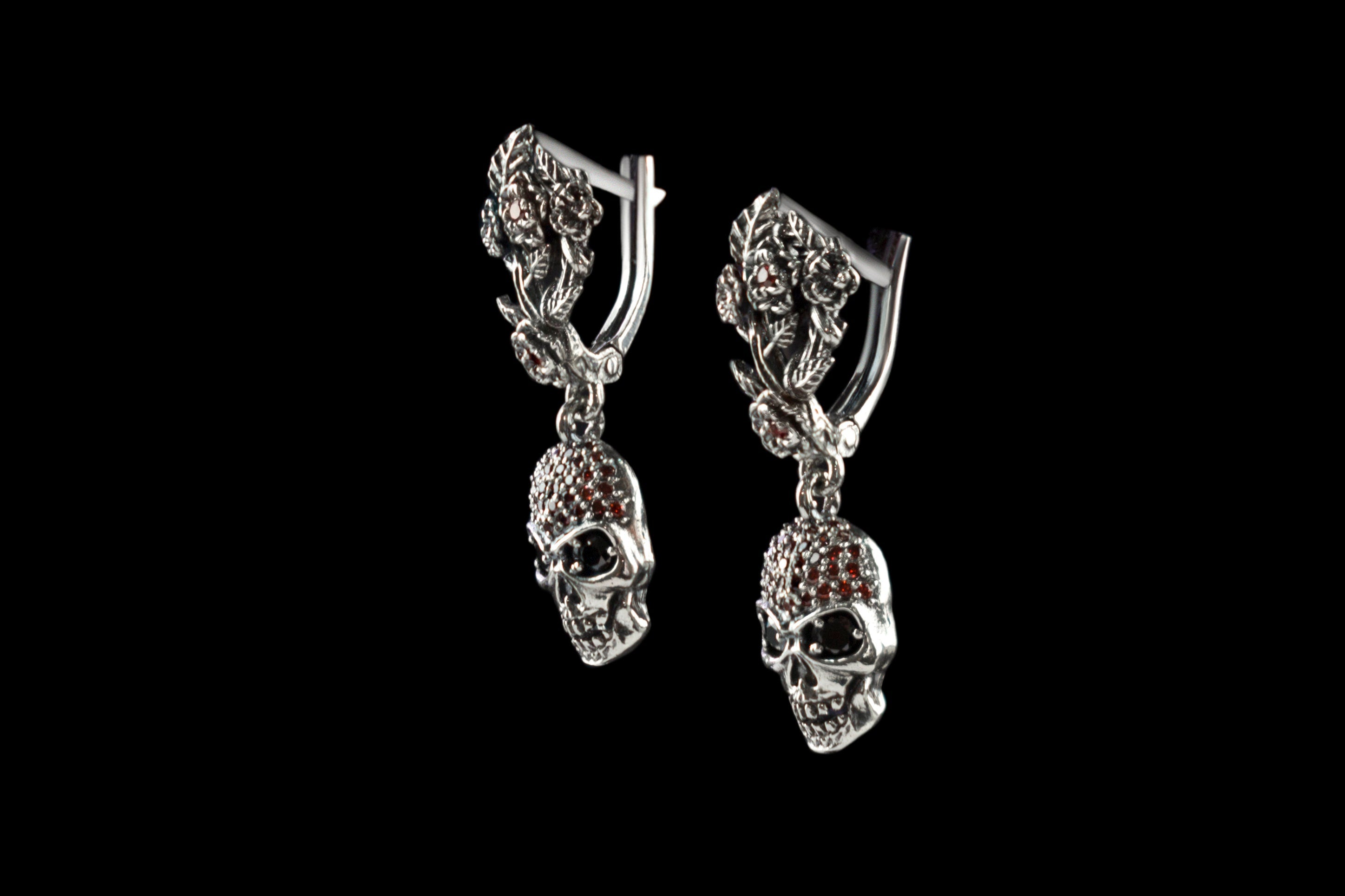 Skull earrings Silver skull earrings Human skull jewelry Garnes stones Red earrings Skull women jewelry