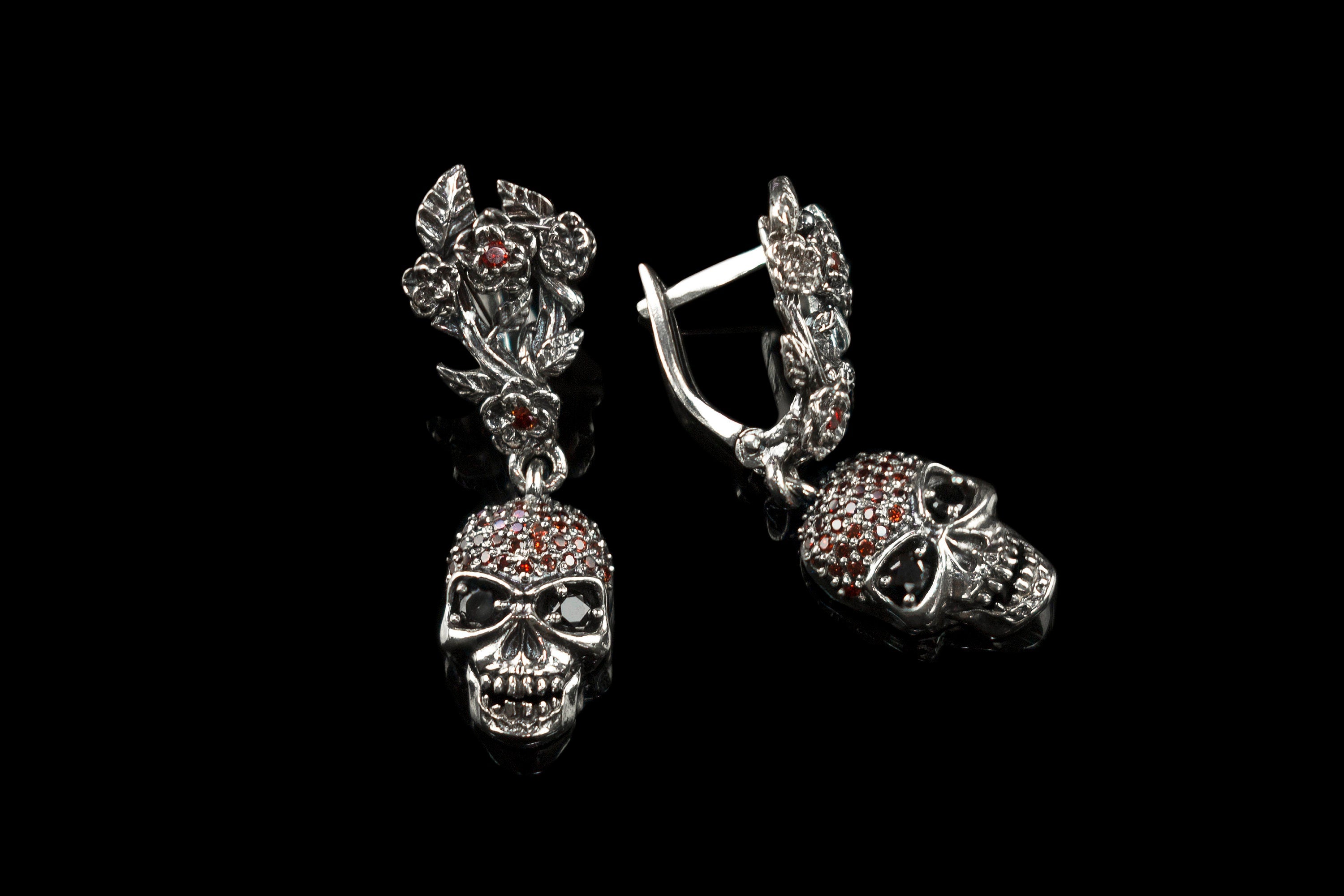 Skull earrings Silver skull earrings Human skull jewelry Garnes stones Red earrings Skull women jewelry