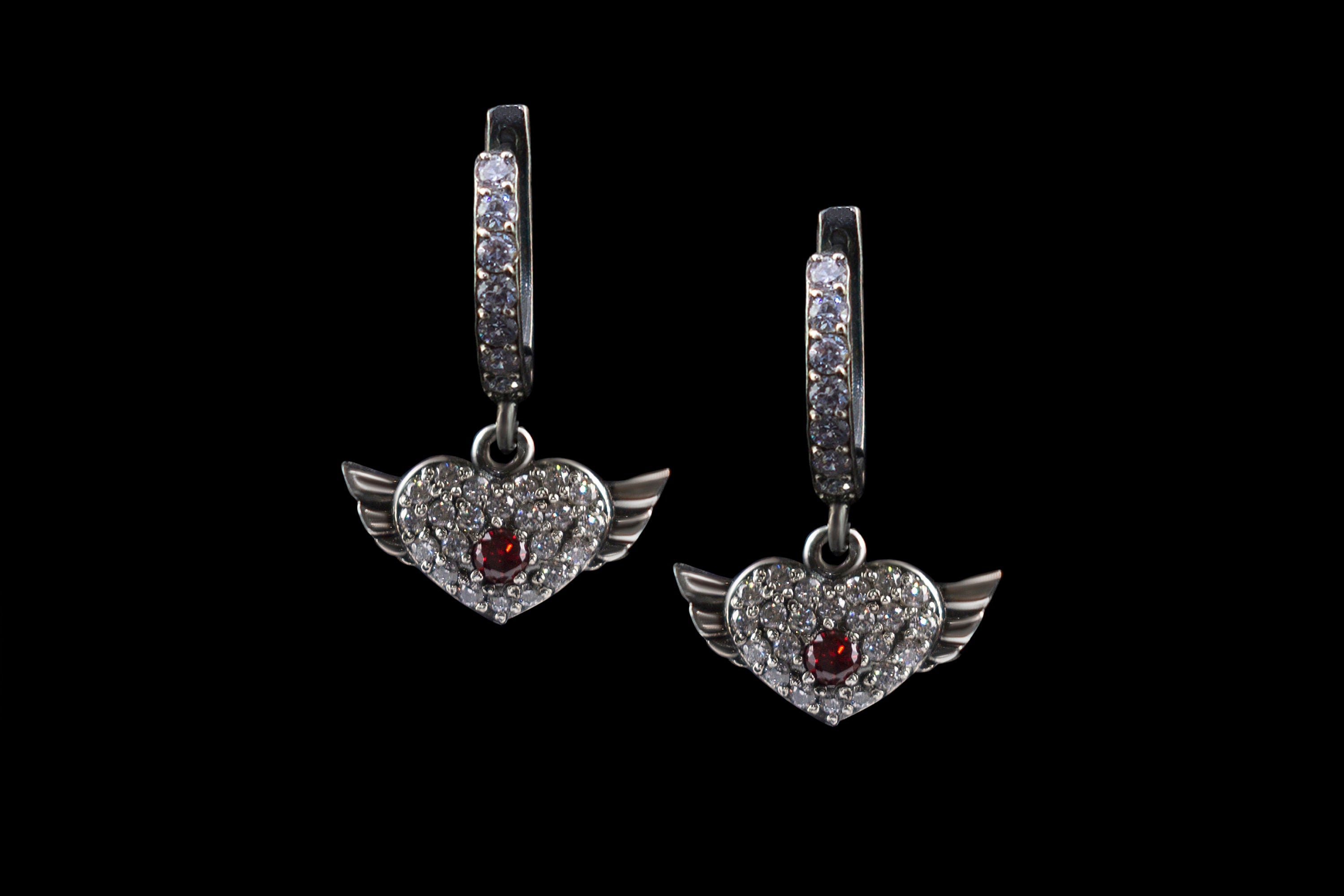 Women silver earrings Winged heart jearrings Rocker jewelry