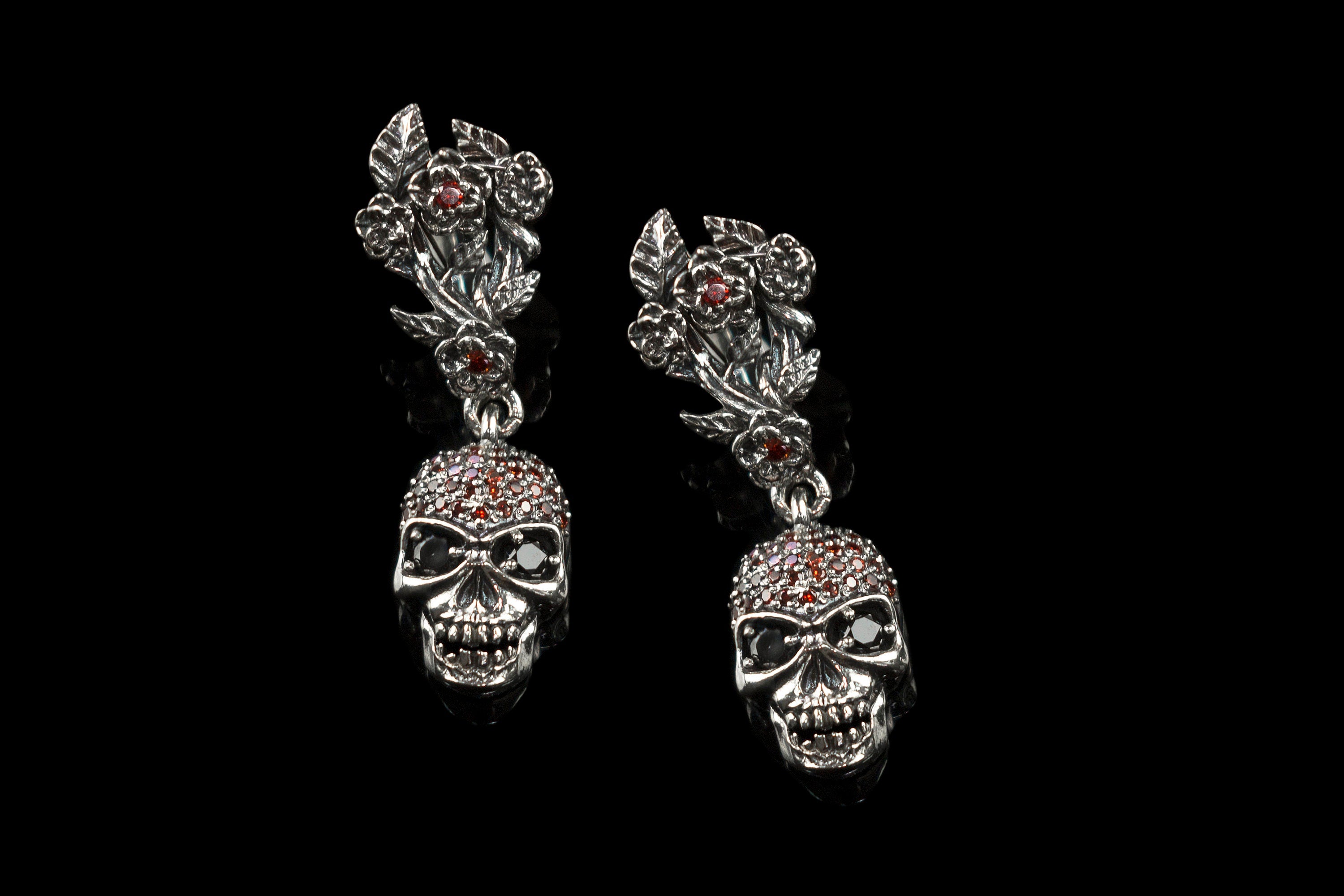 Skull earrings Silver skull earrings Human skull jewelry Garnes stones Red earrings Skull women jewelry