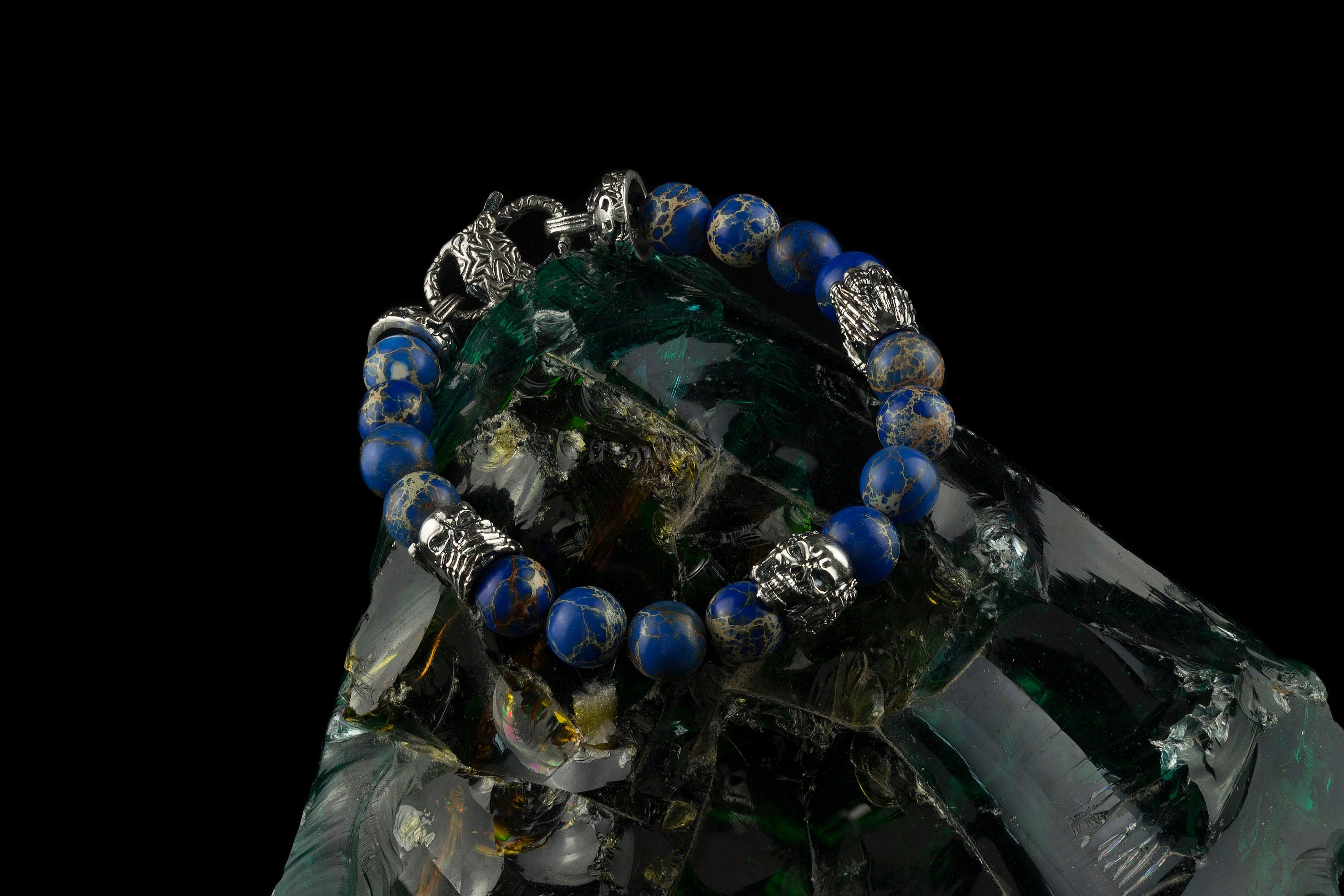 Silver skull bracelet Variscite  Hear no evil, speak no evil, see no evil!