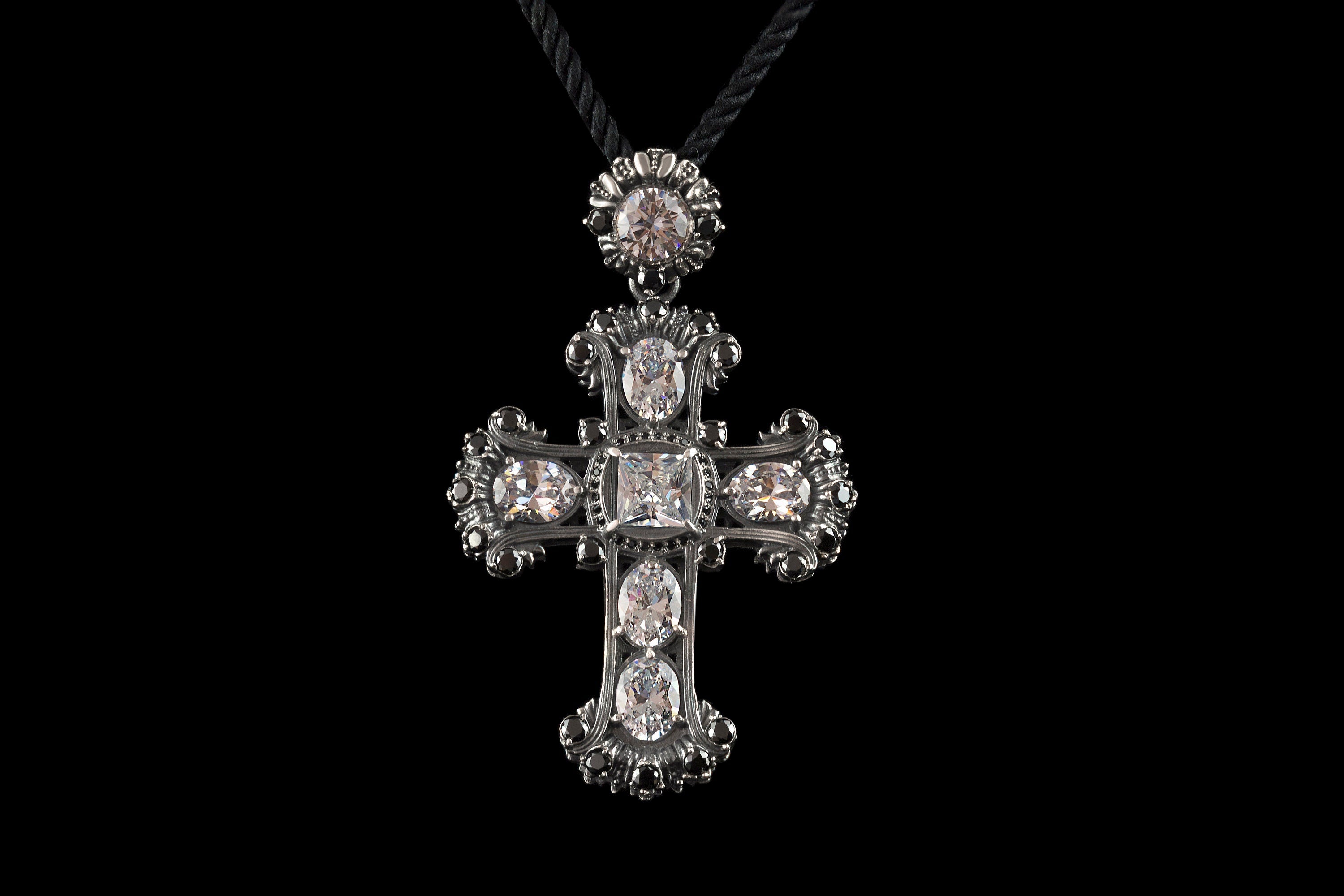 Silver cross pendant Large gemstones cross necklace Jeanne d'Arc Black and white Victorian style jewelry